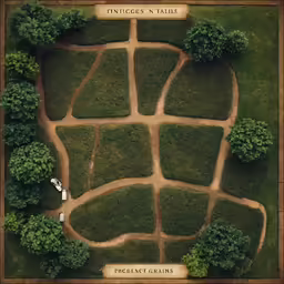 an aerial view of a lawn that is divided into different sections and features trees, shrubs, and bushes