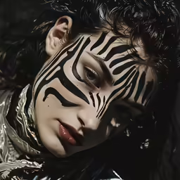 a woman with zebra painted face paint and a scarf