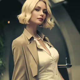 the blonde woman is looking at the camera
