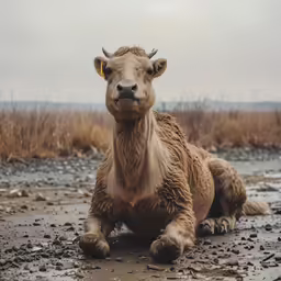 a brown cow is laying down on the ground