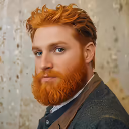 a red - headed man with a large beard is in an old fashion fashion