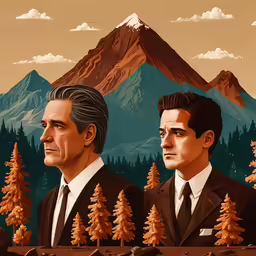 two men in suits looking to each other with mountains in the background