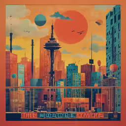a colorful city skyline with an unusual skyscraper,the space needle at sunset on the deck of the space needle