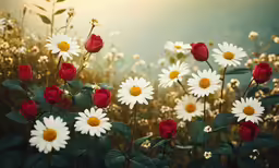a field filled with red and white flowers