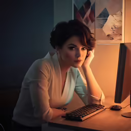 a woman sits in front of a computer and looks at the camera