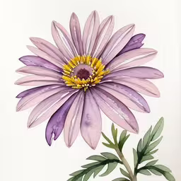 a painting of a purple flower with water droplets,the purple and yellow flower is on top of the white paper