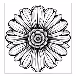 the image in black and white has an intricate flower design,a large flower with several petals on it,a drawing of an intricate flower in a square frame,a black and white drawing of a flower,a large flower drawn with ink on a white paper