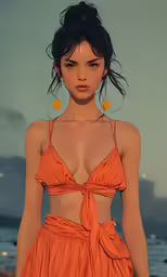 a woman in an orange dress poses on a beach