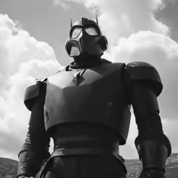 an armor wearing man standing next to a mountain
