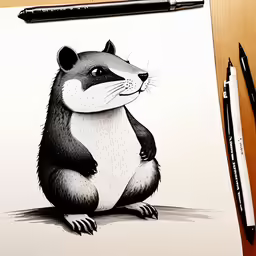 a drawing of a raccoon, resting and holding something