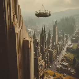 a cable car above a city and a large castle