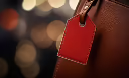 a small red tag attached to the back of an opened bag