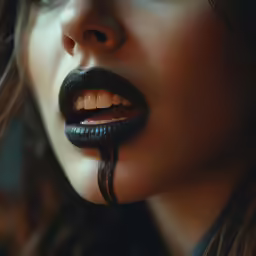 a girl with long dark lip is biting something