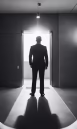a man standing in a doorway with a doormat