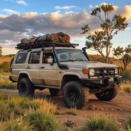 an suv with luggage on top and three doors driving down a dirt road