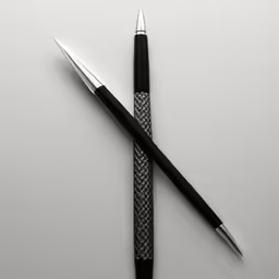 two pens on a table, one black and one white