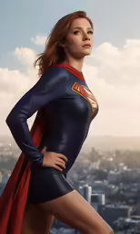 the beautiful woman wearing a superman suit poses for a photo