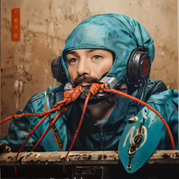 a man in a blue hood and head phones sits by an old wall