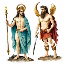 the two men have beards and are dressed up like they have two different types of axes
