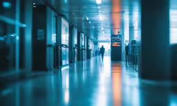 an empty hallway with tall glass windows