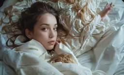 a woman is sleeping under the covers on her bed