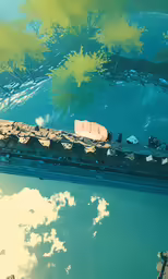 a water pond with small boats and a tree in it