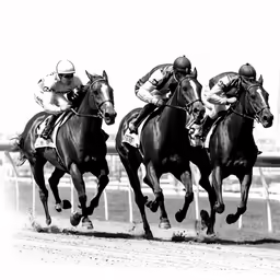 a couple of jockeys racing on their horses down a race track