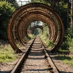 a railway track is seen through a wooden structure