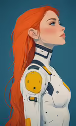 a young girl with red hair and white suit, looking forward