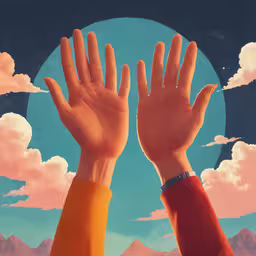 two hands reaching towards an open sky with mountains in the background,two hands up against the sky with mountains in the background