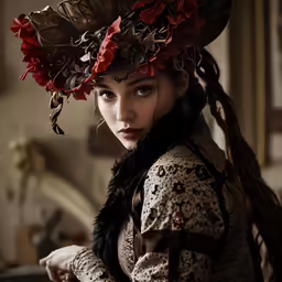a young girl wearing an elaborately designed hat