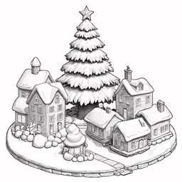 a christmas tree surrounded by small houses