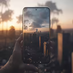 someone taking a photo of a city in a cell phone