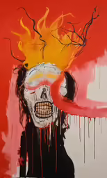 a painting with red and yellow ink with black paint and orange lines