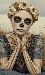 a woman with skeleton makeup sits in tall grass