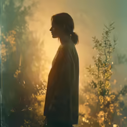 a young person with long hair standing on a foggy field