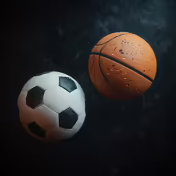 two different soccer balls floating on the dark water