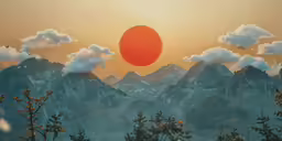 the sun over mountains is rising over the trees