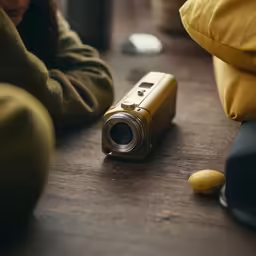 someone sits on the floor with their camera next to them