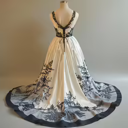 an elegant, embroidered gown is displayed on a dummy