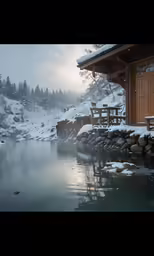 some benches and a table in the snow