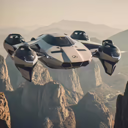 an aircraft flying through the air next to a mountain