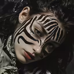 a woman with black and white zebra painted on her face