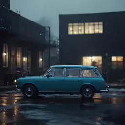 a vintage blue station wagon parked outside of buildings