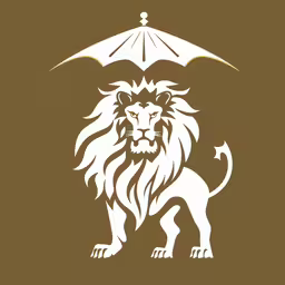a lion holding an umbrella in its paws,a white and brown lion stands in the shadows under an umbrella