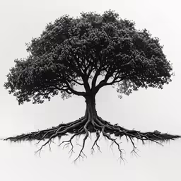 a black and white tree with two large trees roots