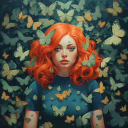 the painting depicts a woman with red hair surrounded by butterflies,a painting of a woman with red hair surrounded by butterflies