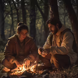 two people sitting on a ground in the woods near an open fire