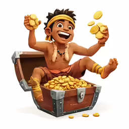 a cartoon character sitting in a chest filled with coins