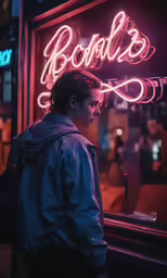 a man in a blue jacket is looking into a neon sign